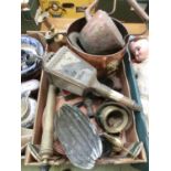 A tray containing metalware to include copper coal bucket, carriage lamp, warming pan, etc