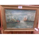 An oil on paper of sailing vessels