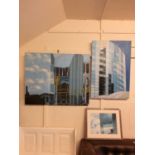 Two oil on canvases of city building scenes along with a watercolour by Marjorie Smith
