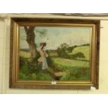 A gilt framed oil on board of lady in countryside