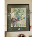 A framed and glazed watercolour of still life and umbrella signed Faisey 1991