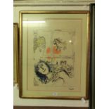 A framed and glazed abstract print after Chagall