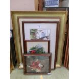 A selection of framed and glazed artworks to include embroideries, Gainsborough, watercolour of