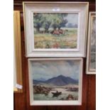 Two framed oil on boards, one of cows in field signed Pat Cornwell, the other a beach scene signed