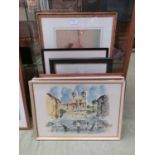 A selection of framed and glazed artworks to include watercolour of sailing vessels, etching of