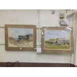 A pair of framed and glazed watercolours of countryside buildings, one signed Dane