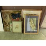 A selection of artworks to include embroidery, coastal watercolour signed Tyler, photograph of