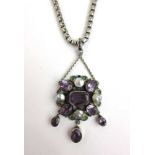 A white metal, amethyst, pearl and champlevé enamel pendant on a white metal chain marked '925'.