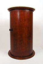 A Victorian mahogany cylindrical pot cupboard, the white marble top over single door, h. 69 cm, dia.
