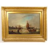 19th century English schoolships at harbor with fishermen in foregroundoil on canvasunsigned75 cm