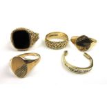 An assortment of 9ct gold rings to include a gentleman's onyx dress ring. Approx. weight 16.6g