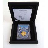 A 2022 Alderney Queens Platinum Jubilee gold proof sovereign. Slabbed and graded PR70 DCAM