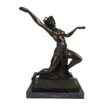 A bronze figure of semi nude dancer on steps with black marble base, h. 38 cm