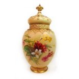 A Royal Worcester blush ivory pot pourri vase , the pierced lid and internal cover over the baluster