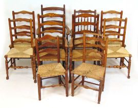 A harlequin set of ten (6+4) oak dining chairs with rush seat, incorporating a set of six