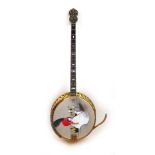 A Bacon & Day 'Silver Belle' 22 fret plectrum banjo with knee mute and hard caseSome fading to