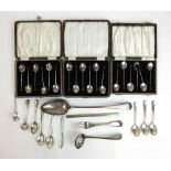 Three cased silver coffee spoon sets together with an assortment of silver flatware. Various