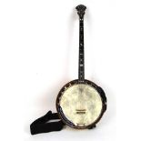 A Paragon 22 fret banjo with mother of pearl inlay to head stock and fret board in hard case