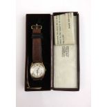 A gentlemen's yellow metal Garrard mechanical presentation wristwatch with box.