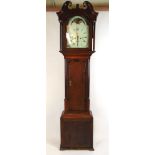 A 19th century oak and mahogany banded long case clock, the swan neck pediment over the enameled