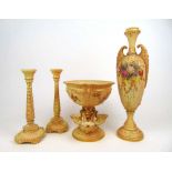 Royal Worcester - blush ivory tazza (1903), vase (1905) and a pair of candlesticks (1895)One spout