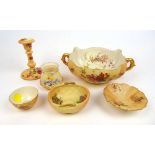 Royal Worcester - six blush ivory and florally decorated pieces including a bowl dated 1894,