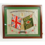 A hand embroidered silk picture, probably embroidered by a relative of a soldier in the Devonshire