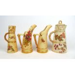 Royal Worcester - four blush ivory and florally decorated pieces including a lidded jug dated