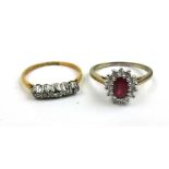 A yellow metal five stone diamond ring marked '18ct plat' together with a 9ct gold, ruby and diamond