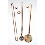 Five 9ct gold items, including three necklaces', two rings and one yellow metal ring, weighable gold