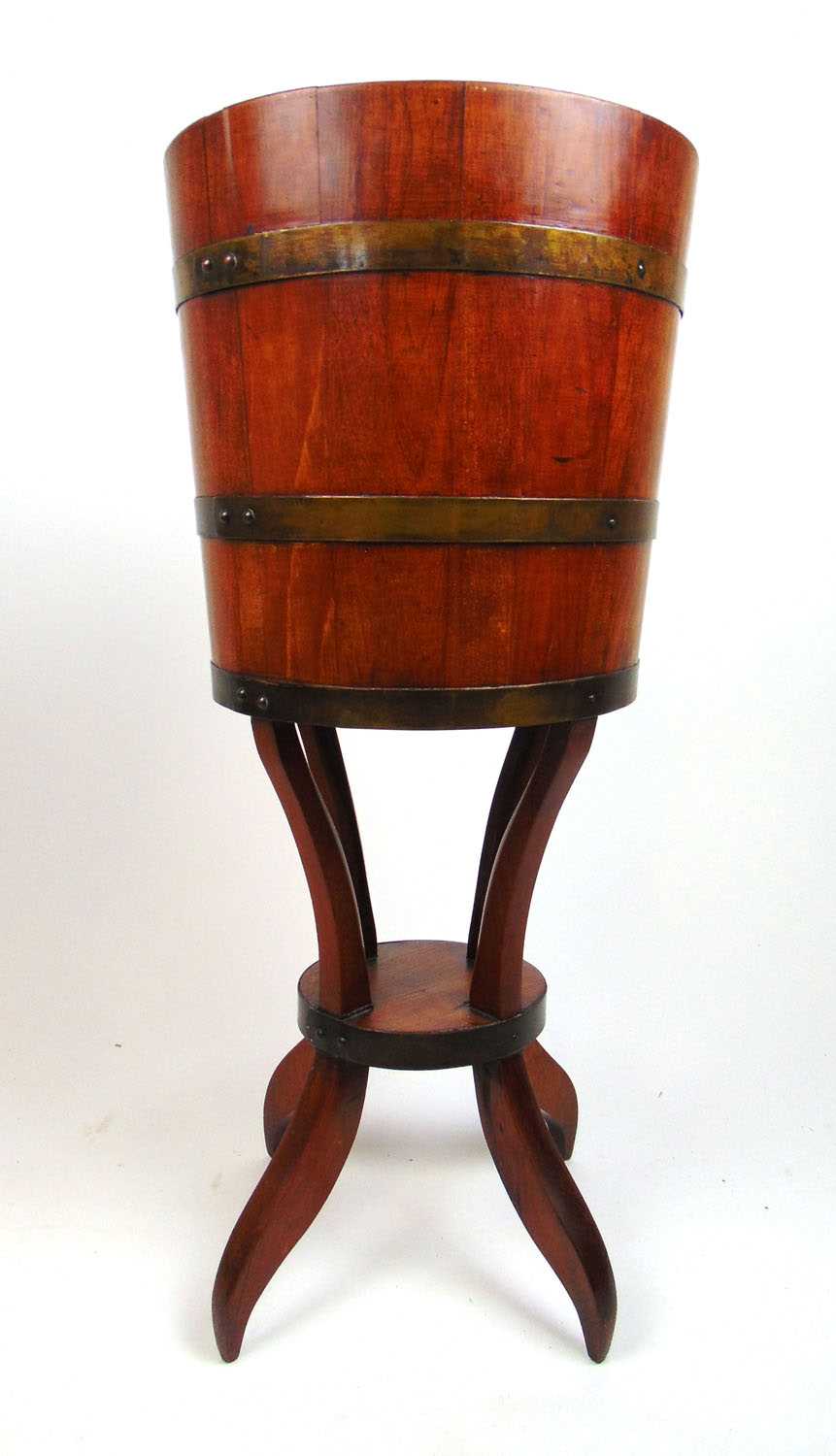 A 19th century style oak and brass bound planter on stand, h. 79 cm, dia. 36 cm