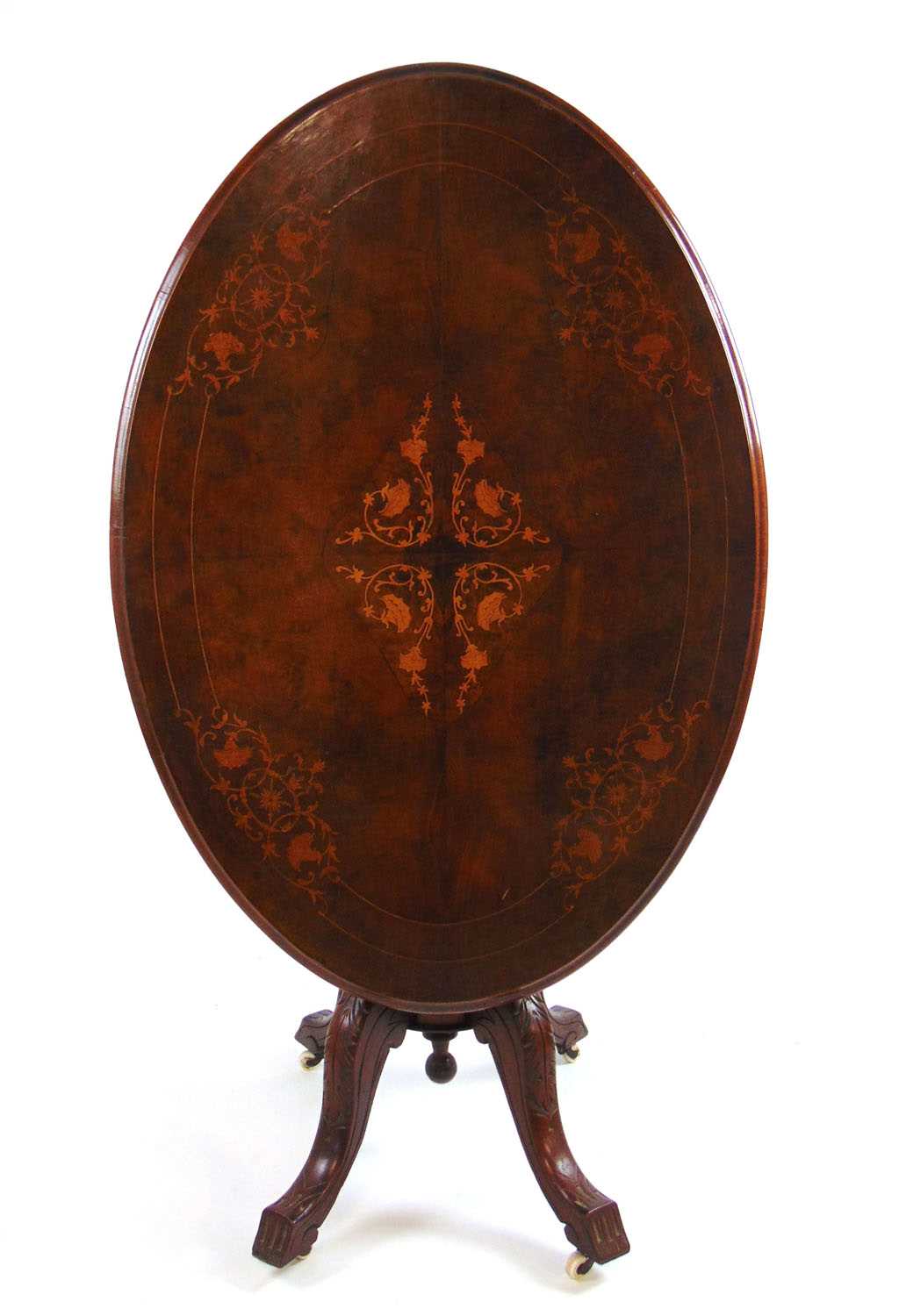 An Edwardian burr walnut and marquetry breakfast table, the oval quarter veneered top on the five - Bild 3 aus 3