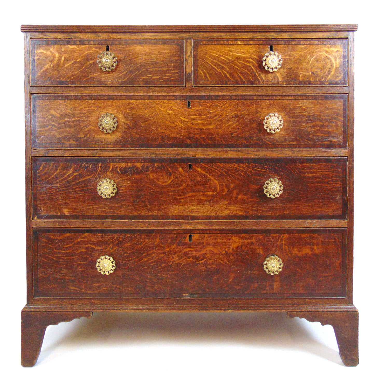 An 18th centruy oak and mahogany banded chest of two short over three long drawers on bracket - Bild 2 aus 2