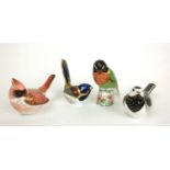 A collection four Royal Crown Derby bird paperweights to include Black Faced Love Bird, Female