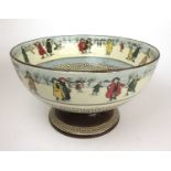 A large Royal Doulton pedestal bowl decorated with scenes of ice skating and the motto 'Pryde