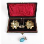 A cased set of late Victorian silver salt together with a miniature white metal and enamel pencil