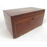 A late Georgian mahogany, banded and marquetry tea caddy, the top lifting to reveal two