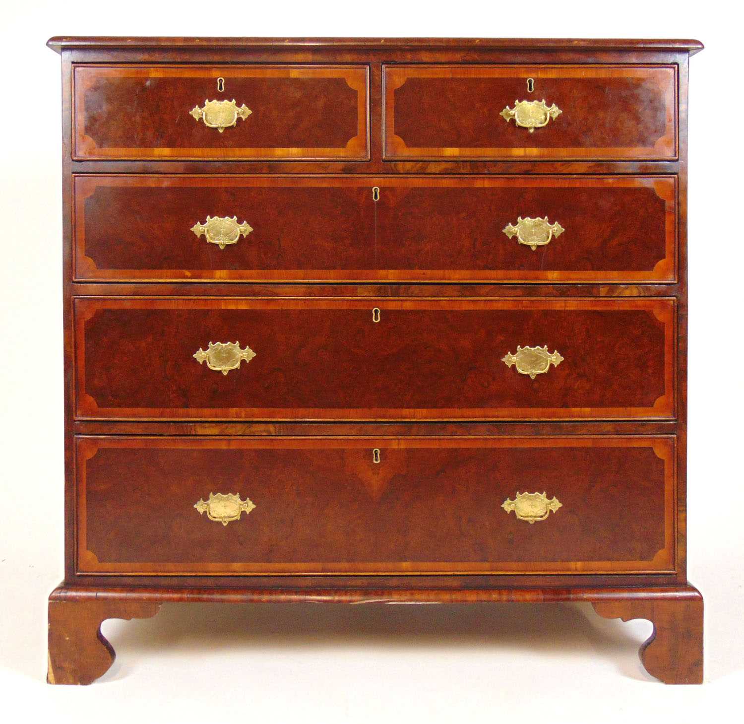 A 19th century burr walnut and banded chest of two short over three long drawers on bracket feet, h.