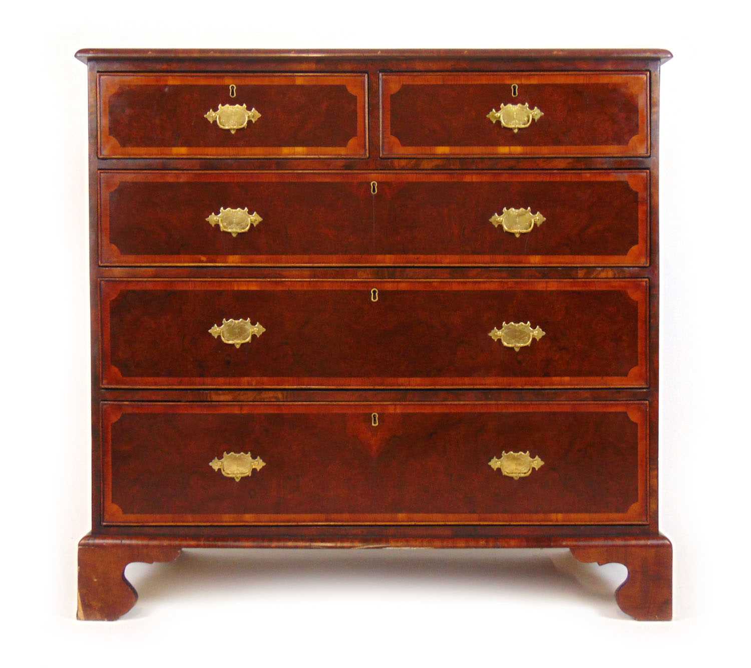 A 19th century burr walnut and banded chest of two short over three long drawers on bracket feet, h. - Bild 2 aus 7