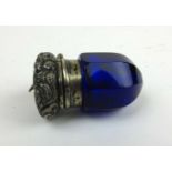 A Victorian white metal and blue glass miniature scent bottle/vinaigrette, l. 3.5 cm