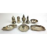 A collection of mainly silver shakers and ashtrays. Various hallmarks. Approx weight 310g