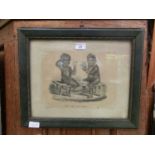 A framed and glazed print etching of chimney sweeps playing crib titled 'One For His Nob' after W