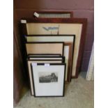 A collection of framed and glazed artworks to include etchings of buildings, watercolour of