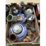 A tray containing blue and white ceramic ware, vases, moulded models of birds etc.