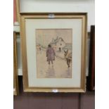 A framed watercolour of a figure leading a donkey signed J,Drummond