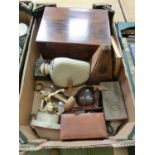 A tray containing a metronome, part Victorian sewing box, hot water battle, ceramic figure etc.