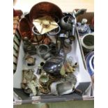 A tray containing a quantity of brass, pewter and other metalware etc.