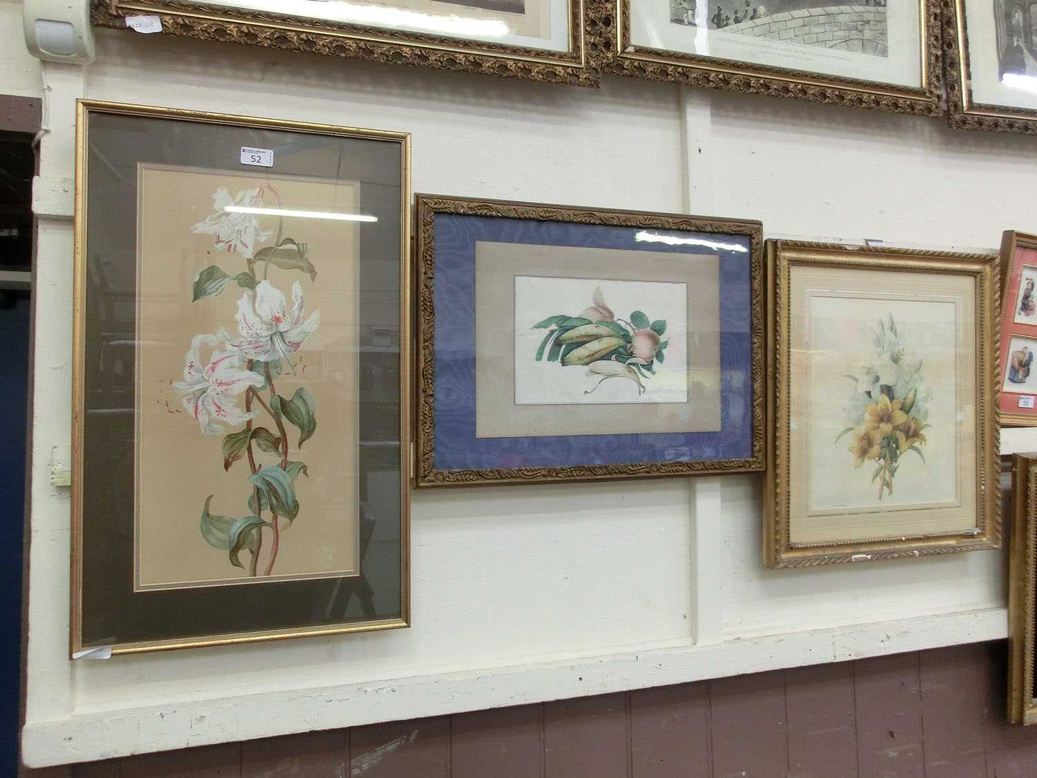 A gilt framed and glazed watercolour of lilies together with one other of fruit and one framed and