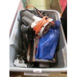A box containing power and hand tools, router, spanners etc.