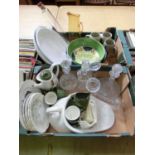 Two trays of ceramic and glassware to include decanters, mugs, bowls etc.